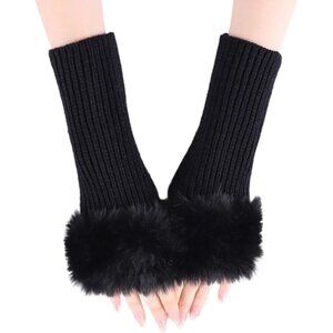 Women's Black Knitted Fingerless Faux Fur Wrist Cuff Thumb Hole Warmers Gloves